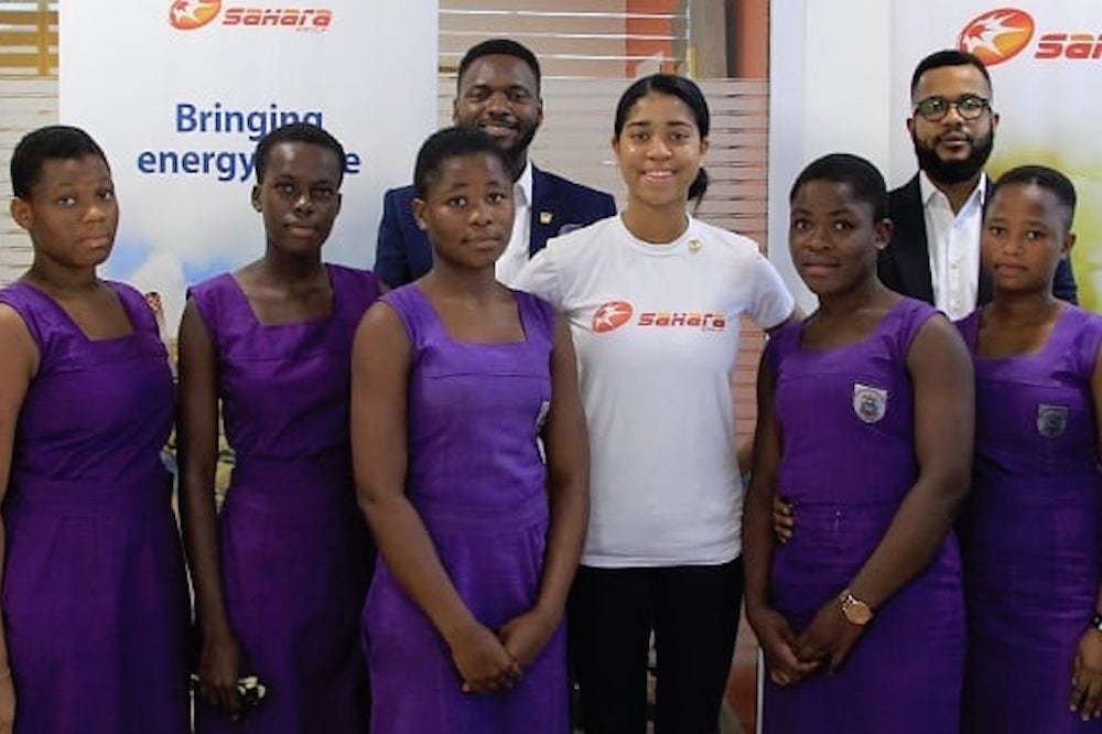 Zuriel Oduwole With Schoolgirls At Launch Of Partnership With Sahara Foundation In Ghana