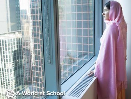 Malala at A World at School office