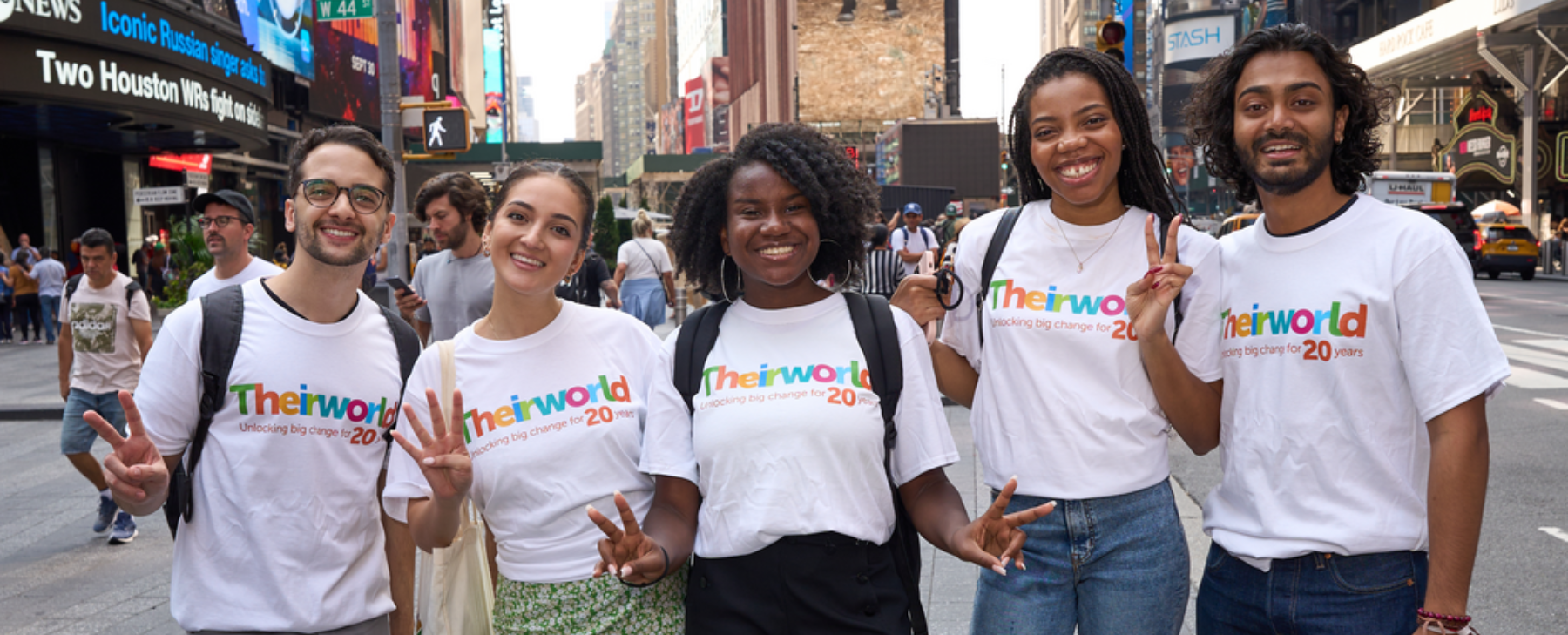 GYAs Blessing Adogame, 23, USA; Gabriel Monteiro, 25, Brazil; Yuv Sungkur, 23, Mauritius; Jennifer Borrero, 27, USA and Mathilde Boulogne, 19, France. Theirworld Global Youth Ambassadors in central Manhattan where digital billboards for the #LetMeLearn campaign are being displayed during the Transforming Education Summit at UNGA 2022.