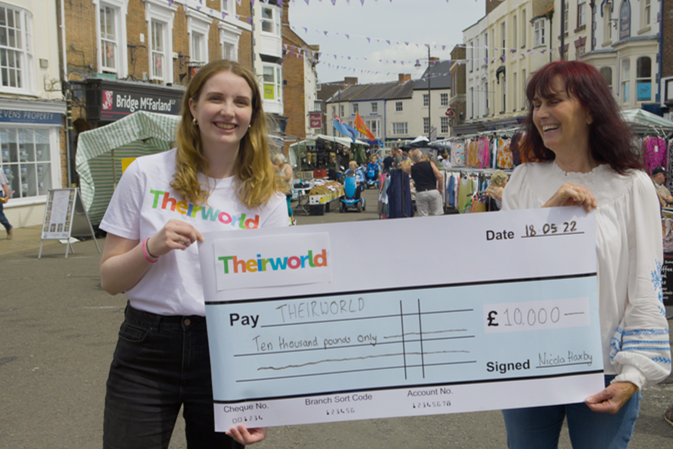 Emma Wace and Nicola Haxby holding a cheque of £10,000 fundraising for Theirworld.