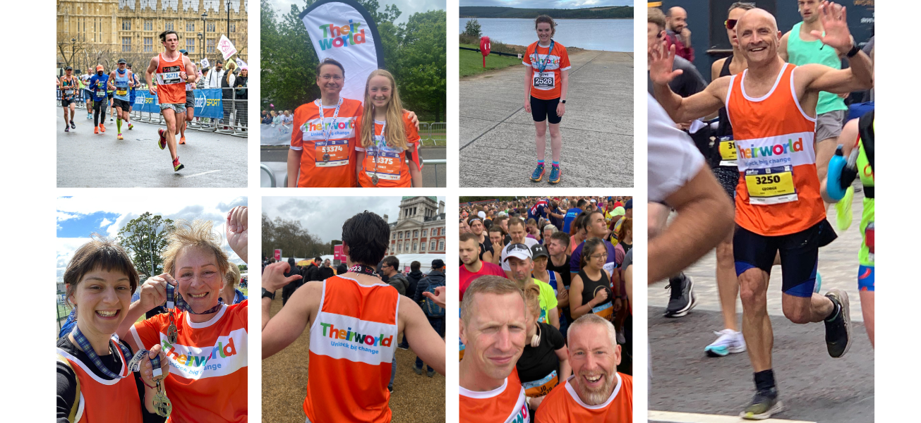 A collage of images featuring different people running in Theirworld vests and t-shirts
