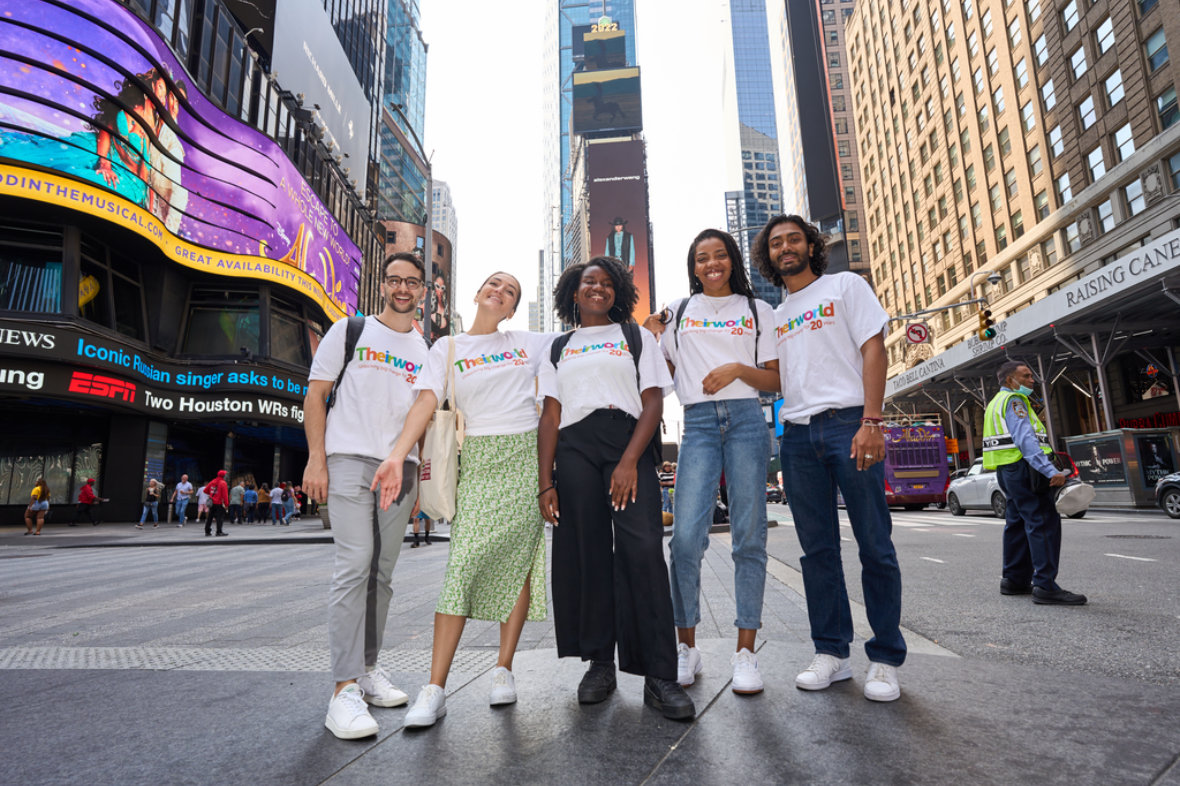 GYAs Blessing Adogame, 23, USA; Gabriel Monteiro, 25, Brazil; Yuv Sungkur, 23, Mauritius; Jennifer Borrero, 27, USA and Mathilde Boulogne, 19, France. Theirworld Global Youth Ambassadors in central Manhattan where digital billboards for the #LetMeLearn campaign are being displayed during the Transforming Education Summit at UNGA 2022.